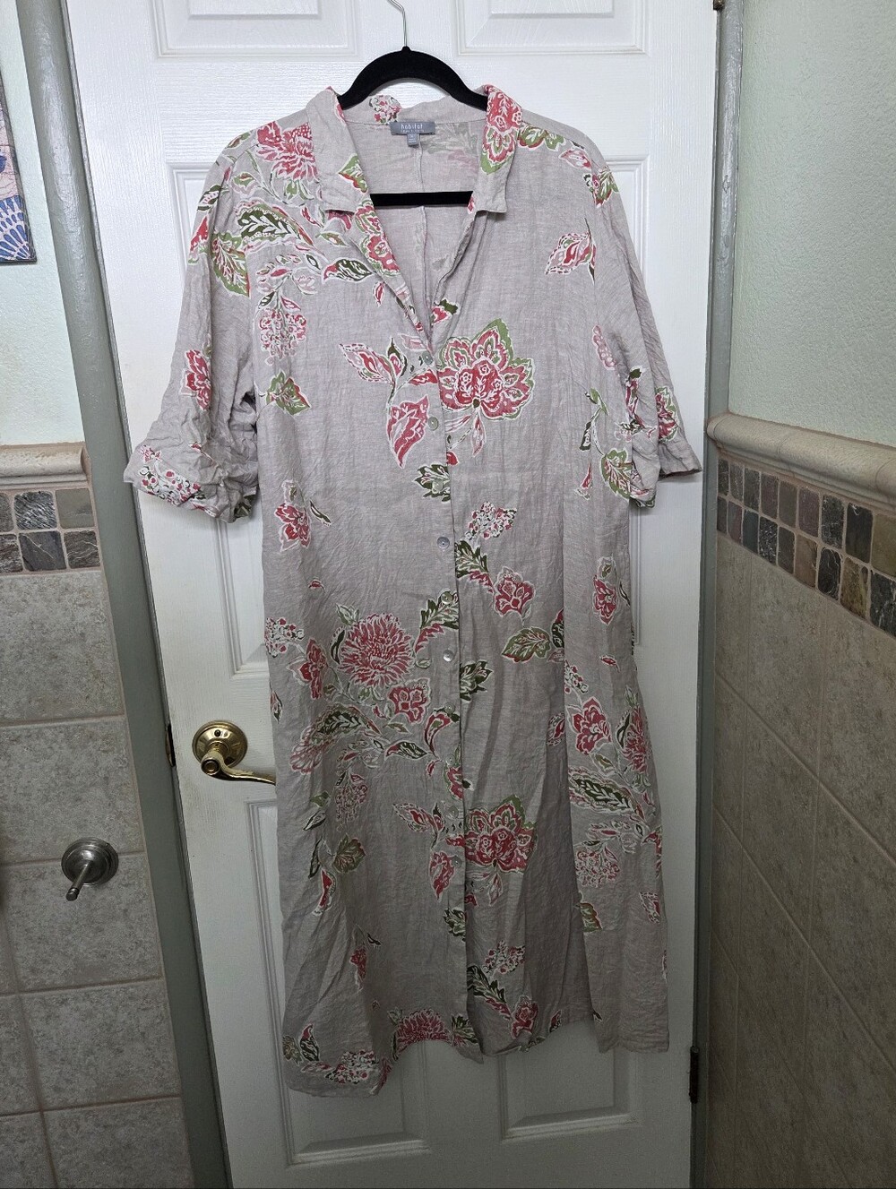 Habitat Beige Linen Cotton Floral Button-Front Midi Dress with Pink Accents XL - Picture 2 of 8